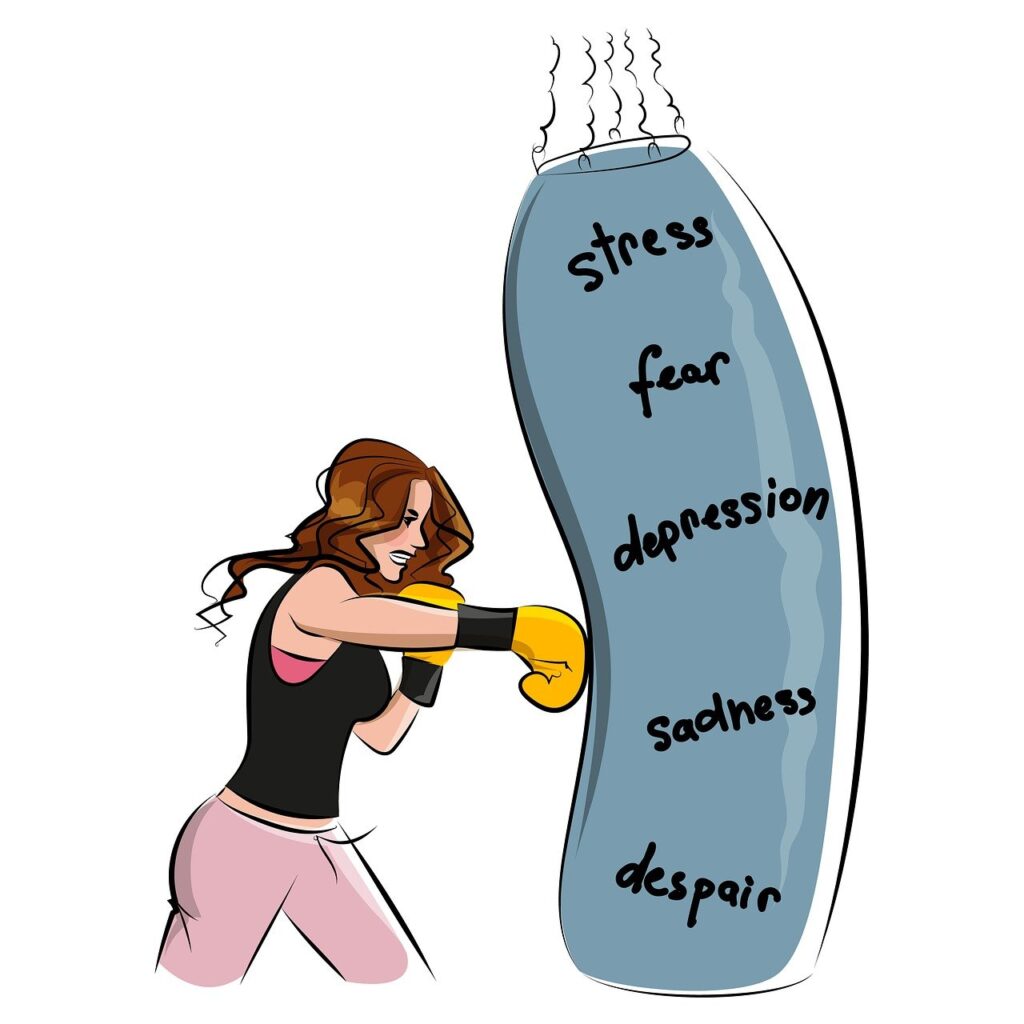 A woman hit a punching bag where written some words, which are stress, fear, depression, sadness, and despair.